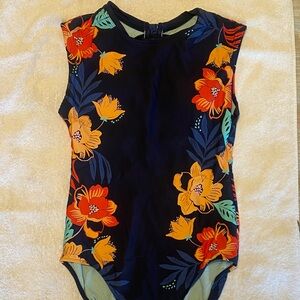 Seafolly Navy High-Neck Swimsuit with Orange & Red Floral Print